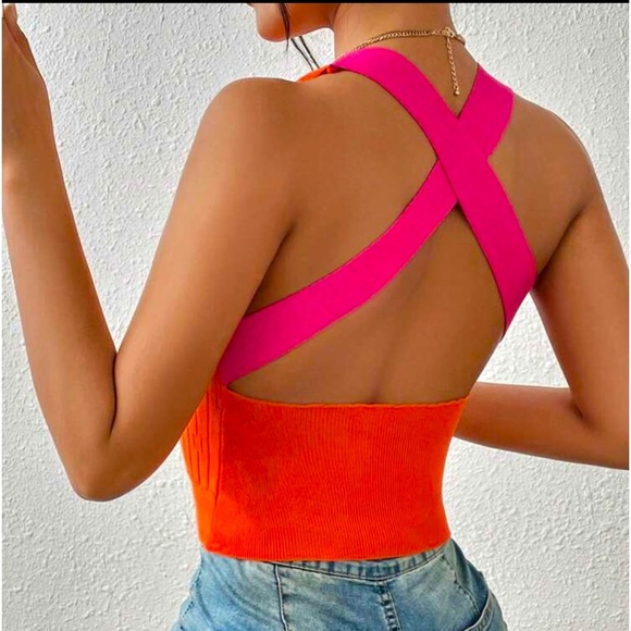 Small Orange Pink Neon Bright Small Backless Criss Cross Rib Knit Sexy Crop Top - Picture 1 of 7